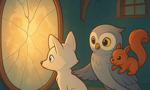 A small fox named Orin, with fur pale as the moon, stands before a large cracked mirror, his silver eyes reflecting a sense of curiosity and determination. Beside him, a gray owl named Liora, with golden eyes full of courage, places a comforting wing on Orin's shoulder. A squirrel named Tavi, with a bushy tail and bright eyes, watches attentively from Liora's back, ready to leap. They are inside an old, twisted house, with windows resembling watchful eyes, and mysterious shadows in the corners. The main scene shows the moment when the mirror begins to shine, revealing ghostly shapes and blurred memories, as a warm light starts to dispel the shadows around them.