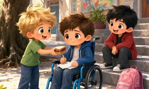 Three nine-year-old boys on school steps in soft morning light: a timid-smiling boy with short brown hair in a bright blue wheelchair at center holding a pencil and crumpled paper; a messy-blond boy in a green T‑shirt to his left offering a peanut butter and jelly sandwich with a big smile; a black-haired boy in a red jacket sitting behind them laughing with hands on his knees. Background: school entrance, stone steps to an art room, light paving, a large oak with exposed roots to the left, a few fallen leaves and a colorful school poster on the wall; warm, comforting, pastel-toned scene with a small pink backpack by the steps and bright smiles as they exchange encouragement before a test.