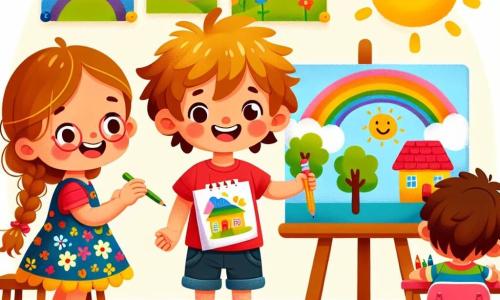 Un niño de 4 años, Juanito, con cabello castaño alborotado y una gran sonrisa, está de pie frente a una pizarra, sosteniendo orgullosamente su dibujo colorido de una casa y un sol. Lleva una camiseta roja y un pantalón corto azul, sus ojos brillan de emoción y orgullo. A su lado, su mejor amiga Ana, una niña de 4 años con cabello largo y rubio trenzado, admira su dibujo con una cálida sonrisa. Ella lleva un vestido de flores coloridas y sostiene un lápiz en su mano, lista para mostrar su propio dibujo. Un poco más allá, Pedro, un niño de 4 años con gafas y cabello negro, está dibujando un árbol en su hoja. Se ve concentrado y entusiasta, sentado en una pequeña mesa de madera. La escena tiene lugar en un aula luminosa, con paredes pintadas de amarillo y carteles coloridos colgados. Lápices, marcadores y hojas de papel están esparcidos sobre las mesas, creando un ambiente alegre y creativo. La situación principal muestra a Juanito presentando su dibujo a sus compañeros de clase, todos aplaudiendo y sonriendo, celebrando su creatividad y amistad en un momento de compartir y felicidad.
