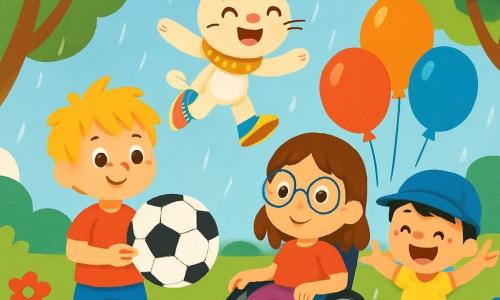 Hay 4 personajes: Ana, una niña de 8 años, sonriente, con cabello castaño y gafas, en su silla de ruedas, rodeada de globos coloridos; Luis, un niño de 7 años, con cabello rubio desordenado, camiseta roja y pantalones cortos azules, sosteniendo un balón de fútbol y al lado de Ana; Mateo, un niño de 6 años, con cabello negro y gorra azul, saltando alegremente frente a Ana y Luis; y Brinco, un adorable conejo mágico con grandes orejas, zapatillas multicolores y una bufanda brillante, saltando sobre los niños. El lugar es un parque verde con grandes árboles de hojas brillantes, flores coloridas y un cielo azul con nubes blancas. La escena muestra a los niños y a Brinco jugando juntos bajo un gran árbol, riendo y animándose mientras se preparan para una carrera alegre, a pesar de la lluvia.