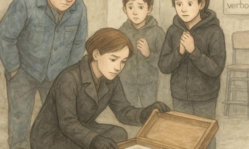 Die Detektivin Mina kniet ruhig und konzentriert da, hebt vorsichtig den Deckel einer Holzkiste mit einem Hoffnungsschimmer im Gesicht; dahinter steht die circa 15‑jährige Jule mit kurzer Haare und dunkler Kapuzenjacke, staubige Knie, Hände an der Brust, ängstlich, aber erleichtert; links Herr Lenz, etwa 50, blaue Arbeitsjacke, verlegener, eingezogener Blick, Hände in den Taschen; hinten sitzt der etwa 13‑jährige Tarek mit Mütze und einer Packung Pfefferminzbonbons neugierig auf einer Stufe; Schauplatz ist ein Bibliothekskeller mit blass‑fluoreszierender Beleuchtung, feinem weißen Staub auf dem Boden, gestapelten Metallstühlen, einem staubigen Bücherwagen, rauen Putzwänden und einem an einer Kette hängenden Schild „Zutritt verboten“; zentral wird die langsame Öffnung der Kiste gezeigt, in der eine alte, in Papier geschützte Grafik liegt, ein heller Rechteckfleck kontrastiert mit dem Staub, Gesichtsausdrücke von Erleichterung und Anspannung, intime, stille Entdeckungsstimmung.