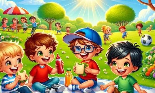 Em um parque ensolarado, quatro meninos estão reunidos em uma grande toalha de piquenique. Pedro, um menino de seis anos com cabelo castanho bagunçado e uma camiseta vermelha, sorri segurando um sanduíche. Ao lado dele, Lucas, outro menino de seis anos com óculos e cabelo loiro, ri segurando uma garrafa de suco. Tomás, um menino de seis anos com uma perna ligeiramente mais curta, está sentado na toalha, cercado por brinquedos coloridos, e olha para os amigos com um grande sorriso. Por fim, Rafael, um menino de seis anos com cabelo negro e um boné azul, está em pé mostrando uma folha pintada à mão com cores vivas. O parque está cheio de árvores verdes, flores coloridas e um céu azul brilhante. Ao longe, podem-se ver outras crianças jogando futebol e famílias passeando. Os quatro amigos estão desfrutando de um piquenique alegre, conversando e rindo juntos, enquanto celebram seu desafio de uma semana sem telas, descobrindo as alegrias de brincar e passar tempo juntos ao ar livre.