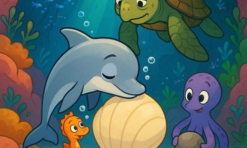 Ein stiller, tröstlicher Moment in einer kleinen Korallengrotte mit blau-grünen Lichtstrahlen: der junge, schlanke silberne Delfin Fink legt seinen Kopf sanft an eine große milchige Muschel, der sogenannten glockenmuschel, feine Blasen entweichen beim langsamen Atmen; hinter ihm wacht die alte braun-grün gezeichnete Meeresschildkröte Mava, vor der linken Seite dreht das kleine leuchtend orange Seepferdchen Nori fröhlich seine Runden und zählt Blasen, rechts stabilisiert der junge violette Oktopus Kanto mit zwei Tentakeln einen runden Stein, umgeben von rosa und gelben Korallenwänden, weichen orangen Schwämmen, schattigen Spalten und Schwärmen leuchtender Fische und putzenden Garnelen, in denen transparente Meeresströmungen und aufsteigende Blasen sichtbar sind.