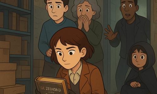 Hoofdpersonage: Nora, jonge vrouwelijke detective, geconcentreerd kalm gezicht, levendige ogen, kort kastanjebruin haar, op één knie, handschoenen, houdt een open grijze tas met zichtbaar oud boek met gouden omslag ("De Zeehond en de Schat"); zacht licht op haar gezicht. Bijpersonages: Bram, ongeveer 17, bleek en bezorgd, eenvoudige blauwe kleren, staand links achter Nora, gespannen maar opgelucht; Jurre, ongeveer 30, betrapt, donker jasje, staat in de deuropening rechtsachter met licht geheven armen; Mevrouw Krans, bibliothecaresse van rond 50, gerimpeld maar opgelucht gezicht, handen voor mond, dicht bij Nora rechts, kijkt naar het boek; Tessa, ongeveer 10, zeer verlegen, zwarte capuchon, teruggetrokken op kussens, nieuwsgierig. Locatie: kleine rommelige magazijnruimte van de bibliotheek met stapels bruine dozen, metalen rekken, stoffige vloer met wat donker zand en snoepkruimels, zwak grijs licht uit een hoog raam, vergeelde posters. Grafische details: stukjes doorschijnend plastic en een halve zilveren sleutelring bij de tas, zwarte snoepkruimels op een plank, gouden glans op de boekrand. Situatie: dramatisch maar geruststellend ontdekmoment — Nora heeft het gestolen boek in een verborgen tas teruggevonden; de personages reageren rondom haar, spanningsvolle sfeer slaat om naar kalmte; compositie gecentreerd op Nora op één knie met blikken gericht op het boek.