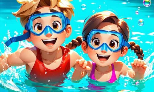 Een 8-jarig jongetje, Lars, met messy blond haar en sprankelende ogen, zwemt enthousiast in een turquoise meer. Hij draagt een felrode zwembroek en een blauwe duikmasker. Naast hem is zijn beste vriendin Emma, een 7-jarig meisje met gevlochten bruin haar en een stralende glimlach, die bubbels maakt terwijl ze onderwater duikt. Hun gezichten worden verlicht door de zon en ze zijn verwonderd door de kleurrijke vissen die om hen heen zwemmen. Op de achtergrond wordt het meer omringd door grote groene bomen en zachte heuvels, onder een heldere blauwe lucht met enkele witte wolken. De scène toont een blije moment waarop Lars en Emma de onderwaterwereld verkennen, vol opwinding en nieuwsgierigheid, terwijl ze samen de wonderen van de zomer ontdekken.