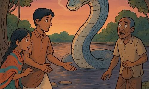 A young man (Arun), soft-featured and focused with moist, attentive eyes, wearing a simple earth-toned shirt and worn dhoti, stands on a sun-warmed boulder with his hand extended toward a large mythical serpent rising from the current; a middle-aged potter (Binu) with callused hands, mouth open in surprise and fear, stands just behind Arun on the right bank holding a small clay bag, while a lively, mischievous teenage girl (Mira) with braided hair and a colorful shawl grips a root on the left bank at mid-distance, ready to help; the pearly-silver and amber-scaled serpent, broad undulating neck and oil-lamp–bright eyes, lifts stones from the riverbed to form a bridge, steam at its nostrils and a wise, attentive expression; setting: a wide ford at dusk with dark, shimmering water, flat stones forming a luminous crossing, banyan roots and wet leaves on the banks and distant mango fields under a gold-purple sky, atmosphere magical and calm with warm light streaking across the water.