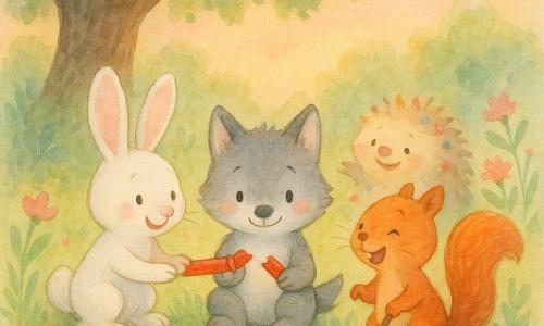 Little Wolf, a small anthropomorphic gray wolf with rosy cheeks, sits at the center smiling shyly while holding one half of a broken red crayon; Rabbit, a white rabbit with large pink ears, sits to his left leaning in and holding the other half; Squirrel, a bright red squirrel, stands to the right laughing with a tiny broom and cake crumbs on its whiskers; Hedgehog, a beige hedgehog, rolls slightly behind covered in colorful confetti; they share the crayon and sweep the last confetti in a forest clearing with green grass, wildflowers and a dark oak, bathed in soft pink-orange late-afternoon light, painted in a tender watercolor style with visible paper texture and a pastel palette punctuated by vivid reds and pinks.