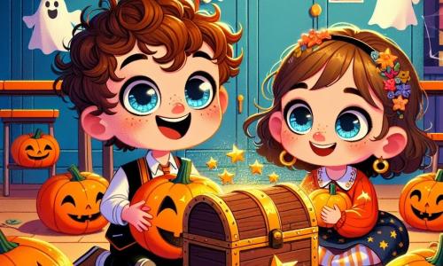 A 4-year-old boy named Tommy, with sparkling blue eyes and curly hair, sits on the colorful classroom floor, a wide smile on his face. He holds a small orange pumpkin decorated with a funny face, surrounded by shiny stickers. Next to him is his best friend Lucy, a 4-year-old girl with long brown hair, wearing a starry dress and admiring her own pumpkin decorated with sparkling stars. The scene is set in a bright classroom adorned with Halloween decorations: paper ghost garlands, spider webs, and smiling pumpkins on the desks. An old wooden chest sits mysteriously in a corner. In this illustration, Tommy and Lucy discover a golden key shaped like a pumpkin under the table. They both head toward the large chest, eager to unlock its secret, while sparkling lights begin to emanate from it, promising a magical adventure.