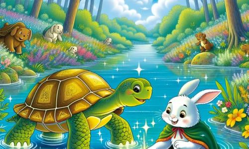 O broască țestoasă numită Titi, cu un carapace strălucitoare, galbenă și verde, stă pe marginea unui pârâu sclipitor, cu fața exprimând determinare și curaj. Ea avansează încet în apă, cu ochii strălucind de curiozitate. Lângă ea, un iepuraș alb numit Roco, cu urechi mari și blană moale ca zăpada, o privește pe Titi cu admirație, pregătit să o ajute. Pârâul este înconjurat de flori colorate și copaci mari cu frunze verzi, creând o atmosferă magică și însorită. Situația principală o arată pe Titi înfruntând apa pentru a-și salva prietenul Roco, care este în panică, în timp ce descoperă împreună o piatră magică sclipitoare pe fundul pârâului.