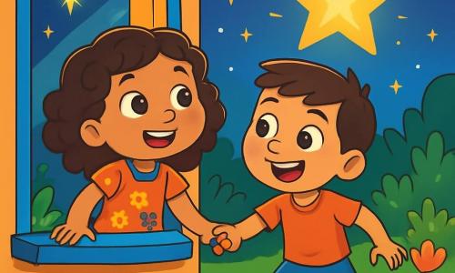 Una niña de 6 años, Amina, con cabello rizado castaño y ojos llenos de curiosidad, mira asombrada una estrella brillante por la ventana. Lleva un vestido colorido con motivos florales y una radiante sonrisa en su rostro. Junto a ella, su hermano Sami, de 8 años, tiene el cabello corto y una mirada traviesa. Sostiene la mano de Amina, animándola a salir. La escena se desarrolla en un jardín verde, bajo un cielo crepuscular salpicado de estrellas brillantes. Amina y Sami están listos para seguir la luz de la estrella, llenos de emoción y asombro, preparados para vivir juntos una aventura inolvidable.