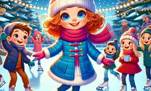 A 9-year-old girl with sparkling blue eyes and curly auburn hair is joyfully skating on an outdoor ice rink. She wears a blue parka, a colorful wool hat, and pink gloves, and her face radiates excitement and happiness. Next to her, her friend Ben, a 9-year-old boy with messy brown hair and a mischievous smile, encourages her by raising his arms, ready to do a spin. A little further away, Mia, an 8-year-old girl with blonde braids and a red hat, laughs and claps while holding a steaming cup of hot chocolate. The scene is a lively ice rink surrounded by snow-covered fir trees sparkling under Christmas lights, with children skating and families having fun. String lights decorate the trees, creating a festive and warm atmosphere. The main focus is on Lily, full of joy, skating with her friends, laughing and having fun, while snowflakes gently fall around them, adding to the magic of winter.