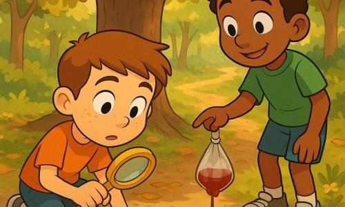 Um garoto de 8 anos, rosto redondo com sardas, cabelo castanho curto e olhos grandes, ajoelhado com uma pequena lupa amarela na mão e olhando fixamente para uma mancha vermelho-escura no chão; outro garoto, Pedro, também cerca de 8 anos, pele um pouco mais escura e cabelos curtos e encaracolados, em pé atrás, apontando para uma sacola plástica pendurada num galho baixo que pinga um líquido vermelho-escuro; trilha de madeira iluminada por raios de sol, folhas amarelas e castanhas no chão, raízes e pequenas flores, roupas simples e tênis um pouco sujos, atmosfera alegre de aventura com cores quentes e texturas nítidas.