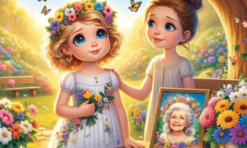 O fetiță de 6 ani, Anna, cu părul blond și buclat, poartă o rochie albă cu flori colorate. Are ochi albaștri strălucitori, plini de emoție, și un zâmbet ușor trist pe față. Ține un desen cu bunica ei, înconjurată de flori, și privește cerul, pierdută în gânduri. Lângă ea, mama ei, o femeie de aproximativ 30 de ani, cu părul brun prins în coc, poartă o rochie ușoară și un zâmbet reconfortant. Se află puțin în spate, punând o mână blândă pe umărul Annei, oferindu-i sprijin. Locul este o grădină înflorită, scăldată în lumină aurie, cu copaci verzi și fluturi dansând în jur. O bancă din lemn este așezată sub un stejar mare, unde o masă este decorată cu flori colorate și lumânări. Situația principală arată cum Anna și mama ei sărbătoresc memoria bunicii Annei, împărtășind amintiri și rememorând momentele fericite petrecute împreună, creând o atmosferă de blândețe și confort.