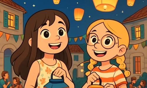 Há 2 personagens principais: - Luísa: uma menina de 10 anos, com longos cabelos castanhos e olhos brilhantes. Ela usa um vestido leve com flores e segura uma lanterna colorida nas mãos. - Clara: uma menina de 10 anos, com cabelos loiros trançados e óculos redondos. Ela veste uma camiseta listrada e um short de jeans, sorrindo enquanto segura outra lanterna. As duas meninas estão no centro da cena, cercadas por lanternas iluminadas que flutuam no ar da noite, criando uma atmosfera mágica. O local é uma pequena praça de vila, decorada com guirlandas coloridas e mesas de madeira onde famílias riem e compartilham pratos tradicionais. Ao fundo, vêem-se casas de pedra com janelas coloridas, sob um céu estrelado que brilha. A situação principal mostra Luísa e Clara, maravilhadas, observando as lanternas brilhantes que dançam ao vento, prontas para participar do Festival das Lanternas, cercadas de risos e alegria.
