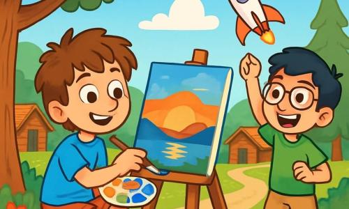 Há 2 personagens principais: - Lucas: um garoto de 10 anos, com cabelos castanhos bagunçados, olhos brilhantes de curiosidade e uma camiseta azul vibrante. Ele está pintando uma paisagem colorida em uma tela, sentado em um pequeno banquinho de madeira. - Miguel: um garoto de 10 anos, com cabelos negros e óculos redondos, vestindo uma camiseta verde e um short bege. Ele está em pé ao lado de Lucas, segurando um pequeno modelo de foguete de plástico, pronto para lançá-lo ao ar. O cenário é um charmoso acampamento de verão, cercado por colinas verdes e grandes árvores. O céu é de um azul radiante, salpicado de algumas nuvens brancas e fofas. Flores coloridas bordam o caminho de terra que leva às cabanas de madeira, e uma grande tela de pintura está montada sob uma árvore, oferecendo sombra aos dois amigos. A cena principal mostra Lucas pintando um lindo pôr do sol, enquanto Miguel, com um grande sorriso, se prepara para lançar seu foguete. A atmosfera é alegre e cheia de criatividade, com risadas e cores vibrantes iluminando a cena.