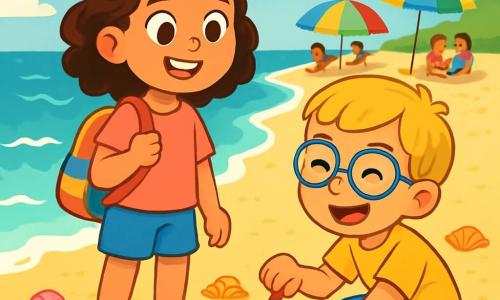 Een 8-jarig meisje, Sofia, met bruin, krullend haar en sprankelende ogen van nieuwsgierigheid, staat op een gouden zandstrand met een grote glimlach op haar gezicht. Ze draagt een roze t-shirt en een blauwe short, terwijl ze haar kleurrijke rugzak in haar hand houdt en naar de prachtige turquoise zee kijkt die onder de zon schittert. Naast haar is een 7-jarig jongetje, Luca, met blond haar en ronde bril, die een gat in het zand aan het graven is met een rode schep. Hij is vrolijk en enthousiast, lachend terwijl hij met Sofia speelt. Op de achtergrond komen zachte golven aan de kust, terwijl kleurrijke schelpen op het zand liggen. Kleurrijke parasols en gezinnen genieten van de zon, wat een feestelijke en warme sfeer creëert. Sofia en Luca zijn bezig met het zoeken naar verborgen schatten in het zand, vol opwinding en verwondering, klaar om de geheimen van het strand te ontdekken.