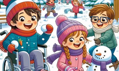 In un parco innevato, tre amici si divertono insieme. Marco, un ragazzo di 10 anni in sedia a rotelle, ha i capelli castani e indossa un cappello rosso e una sciarpa blu. Lancia una palla di neve con un grande sorriso. Accanto a lui c'è Sara, una ragazza di 9 anni con capelli biondi e trecce, che indossa un cappotto rosa e guanti viola. Ride mentre cerca di prendere la palla di neve. Infine, Luca, un ragazzo di 10 anni con capelli castani e occhiali, sta costruendo un pupazzo di neve con una carota per il naso e pietre per gli occhi. Il parco è pieno di grandi alberi coperti di neve e il terreno è ricoperto da uno spesso manto bianco. Il cielo è di un blu brillante e alcuni fiocchi di neve cadono dolcemente. I tre amici giocano gioiosamente nella neve, creando ricordi indimenticabili mentre scoprono le meraviglie dell'inverno.