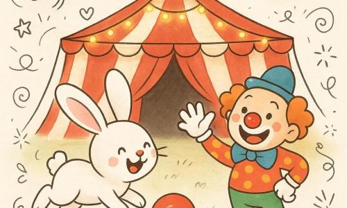 Un piccolo coniglio bianco di nome Bip, con grandi orecchie e occhi scintillanti, salta gioiosamente su una pista da circo colorata. Un clown sorridente, con un naso rosso brillante e scarpe enormi, agita una mano gigante verso Bip dal bordo della pista. Una colomba bianca, con piume lisce e brillanti, vola dolcemente verso l'alto del tendone. Il tendone è immenso, con strisce rosse e bianche, illuminato da ghirlande luminose scintillanti. Al centro della scena, Bip ride di gusto guardando la palla rossa che rotola dolcemente, creando un'atmosfera di magia e gioia.
