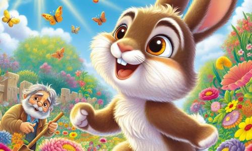 Bruno, un joven conejo de grandes orejas y pelaje suave y marrón, expresa una alegría contagiosa mientras baila en medio de un jardín colorido, rodeado de flores brillantes de todos los colores. Sus ojos brillan de emoción y su radiante sonrisa muestra su felicidad al explorar la primavera. Cerca, Don Pepe, el sabio abuelo de Bruno, un conejo de pelaje gris y mirada benevolente, observa con orgullo a su nieto, con una ligera sonrisa en su rostro. Sostiene una pequeña pala de madera, listo para plantar semillas en el jardín. El jardín es un verdadero cuadro viviente, con flores multicolores, mariposas revoloteando en el aire y un cielo azul claro salpicado de nubes blancas y esponjosas. Los rayos del sol iluminan la escena, creando una atmósfera alegre y cálida. La situación principal muestra a Bruno celebrando la llegada de la primavera bailando felizmente entre las flores, mientras su abuelo prepara el jardín para la nueva temporada, simbolizando la alegría del renacer y de la naturaleza.