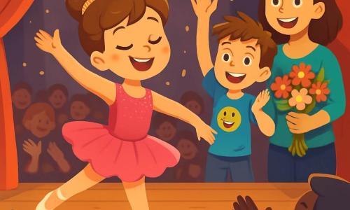 A 10-year-old girl named Lily is joyfully dancing on a wooden stage, her eyes shining with determination and a big smile on her face. She wears a bright pink tutu and a sparkling top, her brown hair styled in a bun adorned with glitter. In the background, her 12-year-old brother Jack encourages her with a big smile, arms raised in applause. He has messy brown hair and wears a blue t-shirt with a fun pattern. Their mother, a warm woman in her thirties, stands next to Jack, her eyes sparkling with pride as she holds a bouquet of colorful flowers. The scene takes place in a bright performance hall, with red curtains and sparkling lights illuminating the stage. The audience, made up of children and adults, applauds enthusiastically, creating a joyful and vibrant atmosphere. Lily is in the middle of her dance, arms raised and feet moving, expressing joy and confidence as the music fills the air, bringing positive energy to the room.