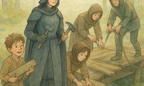 Die Ritterin, etwa 28, ruhig und wohlwollend, Helm leicht zurückgeschoben, kleines Sternemblem auf ihrem glänzenden Schild, zeigt, wie man einen festen Knoten macht und hält einen leichten Hammer, steht auf einer alten Bohle der Holzbrücke; Jorin, ca. 12, zerzauste braune Haare, vom Anstrengung gerötetes Gesicht, hält stolz ein Brett links neben der Ritterin; ein junger Mann, ca. 20, mit zurückgeschlagener Kapuze und weicher Miene, spannt ein Seil rechts und lehnt halb zum Wasser; ein Mädchen, ca. 16, braune Kapuze, von Sägespänen bedeckte Hände, nagelt konzentriert eine Latte in der Mitte der Brücke; ein weiterer Mann, ca. 22, größer, entfernt eine zerbrochene Bohle am Brückenrand; Ort: alte Holzbrücke über einem kleinen, glänzenden Fluss, Ufer mit Buchelaub und grünem Moos, leichter Nebel lichtet sich, schüchterne Sonnenstrahlen zwischen den Stämmen; Situation: gemeinsame Reparatur der Brücke nach einem Sabotageversuch — nützliche Handgriffe, einfache Werkzeuge (Hammer, Nägel, Seil), beruhigende Mienen, Atmosphäre von Wiederaufbau und neuem Vertrauen.