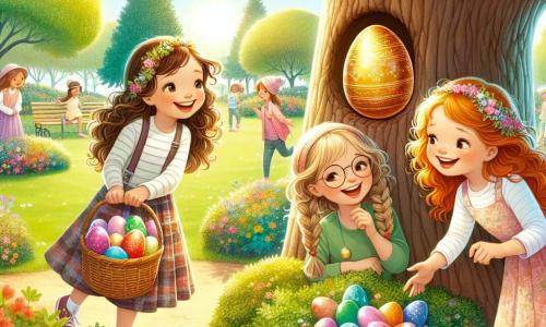 In a sunny park, three eleven-year-old girls are gathered for an Easter egg hunt. Mia, with curly brown hair and a bright smile, holds a basket filled with colorful eggs, standing near a large oak tree. To her left, Zoe, with braided blonde hair and round glasses, points to a shiny egg hidden behind a bush. On the right, Lily, with red hair and freckles, is crouched down, examining a glittery egg under a bench. The park is filled with colorful flowers, large green trees, and children's laughter, creating a joyful and festive atmosphere. The girls are actively searching for hidden eggs while laughing and encouraging each other, with a large sparkling golden egg catching their attention in the distance.