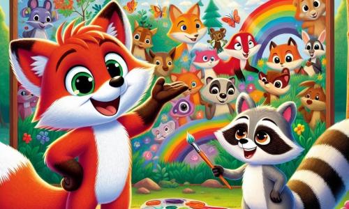 A small red fox, Felix, with shiny fur and sparkling eyes full of excitement, stands in front of a large colorful mural depicting forest animals. He has a wide smile, his ears perked up, showing his joy and pride. Next to him, a little raccoon, Rosie, with gray fur and mischievous eyes, encourages him by raising a paw to point at the mural. She looks enthusiastic and happy, her bright smile lighting up her face. The setting is a sunny clearing in the forest, surrounded by majestic trees with vibrant green leaves, and colorful flowers dotting the ground. Sun rays filter through the branches, creating a warm and welcoming atmosphere. The main scene shows Felix and Rosie admiring together the mural they created, celebrating their friendship and creativity, while other curious animals approach to admire their work.