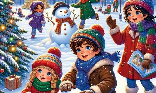 En un paisaje invernal mágico, cuatro niños se encuentran alegremente en un parque nevado. Lucas, un niño de cabello castaño y ojos brillantes, lleva un abrigo rojo y un gorro azul. Está haciendo una bola de nieve para construir un muñeco de nieve. A su lado, Sofía, una niña de cabello rubio trenzado y mejillas sonrosadas, lleva una bufanda multicolor y sostiene decoraciones de papel, lista para embellecer su creación. Martín, un niño de cabello castaño y gafas, viste un abrigo verde y se prepara para lanzar una bola de nieve, riendo a carcajadas. Por último, Clara, una niña de cabello negro y rizado, con un abrigo violeta, observa los copos de nieve caer, maravillada, mientras sostiene un libro sobre tradiciones invernales. El parque está lleno de grandes abetos cubiertos de nieve brillante, y los copos caen suavemente del cielo azul claro. Las luces de colores decoran los árboles, añadiendo un toque festivo a la atmósfera. Los niños se divierten construyendo un muñeco de nieve juntos, compartiendo risas y relatos sobre las tradiciones invernales, creando recuerdos inolvidables en este escenario de ensueño.