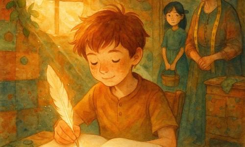 Un niño de 12 años de rostro redondo y pecas, cabello castaño revuelto, expresión concentrada y serena, está sentado en una pequeña mesa de madera escribiendo en un gran cuaderno blanco con una pluma luminosa; una brújula de latón en el borde de la mesa indica el centro y brilla suavemente sobre un mantel adornado con botones; detrás, a la entrada, una niña de 12 años, Luna, con cabello negro recogido con una cinta verde y mirada tímida pero iluminada, sostiene una pequeña cesta; a la derecha, la Sastre, mujer mayor de piel arrugada y pelo gris en moño, con un metro al cuello y dedales en los dedos, observa con benevolencia junto a un baúl de telas; el ático es cálido, hecho de telas y botones con paredes en patchwork, ventana redonda con hiedra y suelo de madera pulida bañados por la luz dorada del atardecer; en la mesa el cuaderno abierto muestra una página inmaculada y la pluma deja una tinta clara, sugiriendo promesa; paleta: ocres cálidos, verdes suaves, azules lavados y toques de cobre; composición: primer plano centrado en el niño y el cuaderno, con profundidad hacia la niña en la puerta y la Sastre a la derecha, y pequeñas salpicaduras de acuarela que insinúan curiosidad y ternura filosófica.