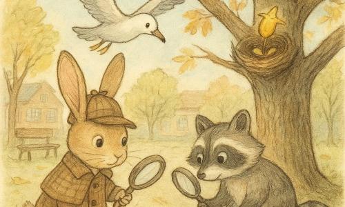 Un pequeño conejo detective, llamado Pablo, con grandes orejas erguidas y ojos brillantes de curiosidad, examina atentamente huellas de pintura dorada en el suelo. A su lado, una gaviota llamada Lila, con plumas blancas y grises, sobrevuela suavemente la escena, observando los alrededores con una mirada vigilante. Un mapache llamado Tomás, con pelaje rayado y ojos traviesos, sostiene una lupa e inspecciona las pequeñas huellas dejadas en el suelo. Todos se encuentran en el patio de la escuela, un espacio verde con árboles de hojas otoñales y un viejo banco de madera. La situación principal muestra a estos pequeños investigadores reunidos alrededor de un árbol antiguo, donde hay un nido con una campanilla dorada, símbolo de su misión. La atmósfera está impregnada de misterio y camaradería, con una luz suave filtrándose a través de las ramas.