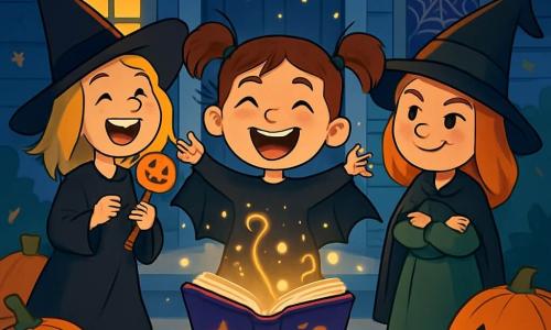 Ci sono 3 personaggi: - Martina: una ragazza di 8 anni, con capelli castani raccolti in due codini, indossa un costume da pipistrello nero con le ali spiegate. È al centro, con le braccia alzate in segno di gioia, tenendo il suo grimorio aperto. - Camilla: una ragazza di 8 anni, con capelli biondi arruffati, vestita da strega con un abito nero e un grande cappello a punta. È leggermente in disparte a sinistra, ridendo e tenendo un lecca-lecca a forma di zucca. - Giorgia: una ragazza di 8 anni, con capelli rossi e lentiggini, travestita da strega con un abito verde e una sciarpa nera. È a destra, con le braccia incrociate e un sorriso malizioso, guardando il grimorio. L'ambientazione è davanti a una casa decorata per Halloween, con luci arancioni e viola scintillanti, ragnatele appese alle finestre e una fila di grandi zucche sorridenti sulla soglia. La notte è stellata e una leggera brezza fa danzare le foglie secche a terra. La scena principale mostra le tre amiche che scoprono un antico grimorio sui gradini della casa, circondate da un'atmosfera magica e misteriosa, pronte a lanciare un incantesimo per ritrovare il mantello da pipistrello di Martina, con risate e espressioni di eccitazione sui loro volti.