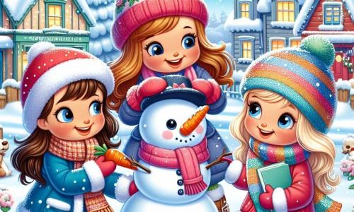 Tres niñas de ocho años están felices en un paisaje invernal. Valentina, con largos cabellos castaños y una sonrisa brillante, lleva un abrigo azul y un gorro rojo. Está haciendo una gran bola de nieve para crear un muñeco de nieve. A su lado, Sofía, con cabello rubio y un gorro rosa con pompón, levanta los brazos emocionada, sosteniendo una zanahoria para la nariz del muñeco. Clara, con cabello castaño y una bufanda multicolor, observa atentamente a los pájaros que picotean en la nieve, con un cuaderno en la mano. El escenario es un encantador pueblo llamado Villanieve, donde las casas están cubiertas de una gruesa capa de nieve brillante. Los árboles están adornados con cristales de hielo, y el cielo es de un azul brillante, salpicado de copos de nieve que caen suavemente. Las tres amigas se divierten construyendo un muñeco de nieve mientras descubren la magia del invierno y aprenden cómo los animales se preparan para esta temporada fría.