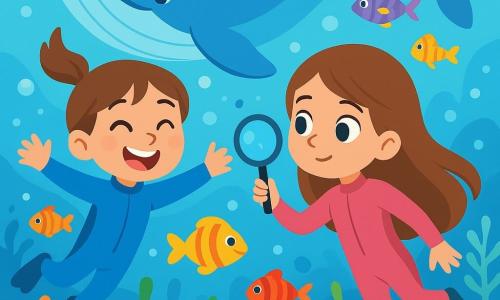 Ci sono 2 personaggi principali: Gioia, una ragazza di 8 anni con capelli castani raccolti in due codini, che indossa una muta da sub blu e nuota allegramente con le braccia aperte e un grande sorriso; e Maia, una ragazza di 8 anni con capelli lunghi e lisci, che indossa una muta da sub rosa e osserva attentamente i pesci colorati con gli occhi brillanti di curiosità, tenendo un piccolo retino. La scena si svolge su un fondale marino luminoso, pieno di coralli multicolori, pesci dalle squame scintillanti e piccole alghe che danzano con le correnti, mentre bolle d'aria si alzano intorno alle due amiche, creando un'atmosfera magica. La storia mostra Gioia e Maia che seguono una bella balenina che nuota graziosamente intorno a loro, mentre scoprono un affascinante mondo sottomarino, ricco di vita e colori vivaci.