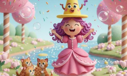 Een vrolijke vijfjarige prinses met krullend paars haar en een roze ruchesjurk danst met opgeheven armen op een suikerpad; op haar hoofd zit Piep, een geel pratend hoedje met geschilderde ogen dat knippert alsof het zingt. Drie kleine roodgevlekte kittens zitten naast haar op een veld van marshmallowbloemen en delen een koekje. Op de achtergrond suikerspinbomen met gestreepte stammen, een fonkelende citroenlimonaderivier en grote doorzichtige bellen die in veelkleurige confetti barsten. Zacht licht, felle kleuren, rond, eenvoudig en erg kinderlijk.