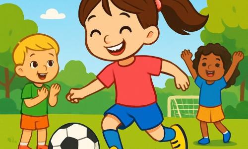A 6-year-old girl named Lily beams with joy, her face lit up by a big smile. She has long brown hair tied in two pigtails and wears a bright pink t-shirt and blue shorts. Her new yellow soccer shoes shine in the sun as she prepares to kick the ball. Next to her, a 7-year-old boy named Max, with blonde hair and wearing a green jersey, enthusiastically cheers for Lily from the grass. Another child, Sarah, a 6-year-old girl with curly hair and a blue t-shirt, stands a bit further away, raising her arms in celebration. The scene takes place on a large green soccer field surrounded by trees with vibrant leaves and a clear blue sky dotted with fluffy white clouds. The main action shows Lily kicking the ball with her new shoes, sending it flying towards the goal while her friends cheer her on with smiles and shouts of joy.