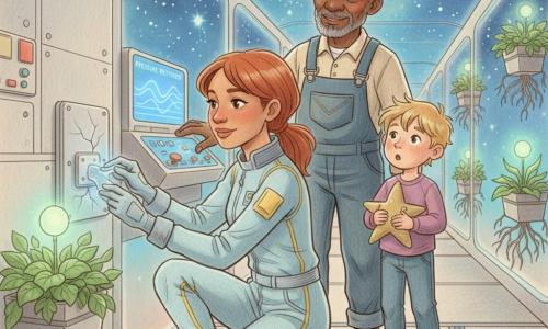 Lina, calm and focused, short chestnut hair pulled back, kneels in a pale blue lightweight spacesuit with yellow trim, applying a shiny silver patch to a cracked valve with gloved, precise hands; a blond messy-haired boy of about six stands a few steps away holding a star comforter, mouth open in wonder by a floating planter; an older male engineer (~65) with a short gray beard and worn overalls smiles and rests a reassuring hand on a console showing pressure restored. The setting is a long glass corridor on a space station with transparent walls revealing a field of blue stars, rows of hanging planters with green plants and floating roots, mint-green soft lighting and textured metal floor with rails. Mood: calm, safe repair—red light shifting to blue, plants glowing, warm pastel colored pencil style with visible paper texture, centered on Lina.
