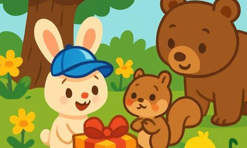 A small rabbit with big ears, wearing a shiny blue cap, stands proudly in front of a gift box adorned with a red ribbon. Its face is joyful and curious, with sparkling eyes full of excitement. Next to it, a light brown squirrel with jam-filled cheeks looks on with a guilty expression, its little paws pressed against its belly. Nearby, a bright yellow duck swims in a small pond, singing softly, while a gentle brown bear approaches slowly, looking attentive and friendly. The scene takes place under a large oak tree with vibrant green leaves, surrounded by bright yellow flowers. The ground is scattered with leaves and small stones, creating a warm and welcoming atmosphere. The friends gather around the box, intrigued and ready to solve the mystery of the hidden surprise.