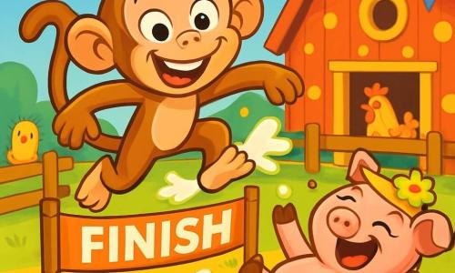 A joyful monkey named Munch, with shiny caramel fur and sparkling mischievous eyes, is performing a somersault over a finish line, a big smile on his face. Next to him, Pompom, a small pink pig with a flower hat, is lying on her back, laughing heartily, her legs in the air, surrounded by scattered potatoes. The setting is a sunny farm, with a colorful barnyard featuring polka-dotted walls, curious animals watching, and bunting fluttering in the wind. The scene captures the fun moment when Munch and Pompom cross the finish line together, splashed with whipped cream, creating a joyful and festive atmosphere.