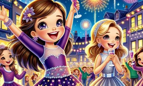 A 10-year-old girl, Lily, with long brown hair and sparkling joyful eyes, is wearing a purple dress adorned with glittering stars. She is jumping with happiness, arms raised to the sky, while admiring the colorful fireworks lighting up the night. Beside her is her best friend Mia, also 10, with blonde hair and wearing a shiny silver dress. She is smiling widely, holding a glass of sparkling juice in one hand, ready to make a toast. The setting is a lively street decorated with string lights and colorful balloons, where families are gathered to celebrate New Year's Eve. The houses are adorned with twinkling lights, and children are joyfully playing around. The main scene shows Lily and Mia, surrounded by friends, raising their glasses to celebrate the arrival of the new year as fireworks burst in the starry sky, creating a festive and magical atmosphere.