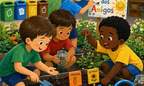 Quatro meninos de 5 anos: Miguel, rosto redondo e sorriso doce, cabelo castanho curto, ajoelhado à esquerda segurando uma pequena pá e mostrando uma semente na palma; João, cabelo preto curto, com terra nos joelhos à direita de Miguel, apontando maravilhado para uma minhoca entre os dedos; Lucas, cabelo loiro espetado, camiseta azul, em pé atrás dos outros pintando uma plaquinha colorida “Canteiro dos Amigos” com um sol sorridente; Tomás, cabelo castanho, olhar tímido que vira alegre, ao lado de Miguel segurando um pequeno pote de vidro com sementes pronto para colocá‑lo na terra. Local: pequeno jardim da escola ao sol, canteiro baixo de terra escura e úmida, etiquetas coloridas (manjericão, cenoura, girassol), regador azul brilhante, potes de vidro transparentes; ao fundo, sala de aula com pôsteres multicoloridos e quatro lixeiras alinhadas (verde, azul, amarelo, marrom) com ícones simples. Situação: os quatro plantam juntos num quadrado de terra com gestos precisos e alegres, terra voando levemente pela pá, gotas brilhantes do regador, expressão de amizade e descoberta, cores vivas e texturas espessas como pintura acrílica.
