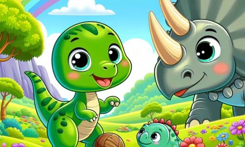 Ein kleiner Velociraptor namens Rappy mit grünen Schuppen und glänzenden Augen zeigt große Neugier und Freude, während er vor Freude in einem bunten Blumenfeld springt. Neben ihm spielt ein lächelnder Triceratops mit grauer Haut und drei Hörnern auf dem Kopf mit einem Holzball, während ein langhalsiger Brachiosaurus sich vorbeugt, um sie zu beobachten, mit sanften und freundlichen Augen. Im Hintergrund erstreckt sich ein wunderschöner Regenbogen über ein grünes Tal, das mit leuchtenden Blumen und üppigen Bäumen gefüllt ist. Die Szene zeigt Rappy und seine neuen Freunde, die zusammen Spaß haben und eine fröhliche, lebendige Atmosphäre in dieser verzauberten prähistorischen Welt schaffen.