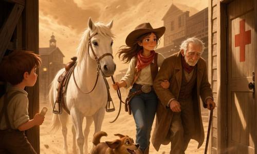 Sofia è una cowgirl dal volto dolce e determinato, sorridente nonostante la polvere; tiene la briglia del cavallo bianco Luna e guida un uomo anziano di circa 75 anni, dal volto rugoso e cappotto marrone polveroso, zoppicante con una vecchia bastone, verso una porta con una grande croce rossa all'ingresso di una piccola infermeria; a sinistra in primo piano un bambino di 6 anni con capelli castani e ginocchia sbucciate osserva da un portale di una stalla tenendo un piccolo bendaggio, un cagnolino marrone a pelo corto corre vicino agli stivali di Sofia; la scena è ambientata in un villaggio del Far West con strada di terra ocre, case di legno e persiane consumate, lampade a olio dalla luce calda e un cielo pieno di nuvole di polvere: una tempesta di sabbia è in pieno movimento con vento e granelli sospesi, mentre Sofia conduce l'uomo al riparo in un'atmosfera coraggiosa e rassicurante con colori caldi (ocra, marrone, rosso) a contrasto con la polvere beige.