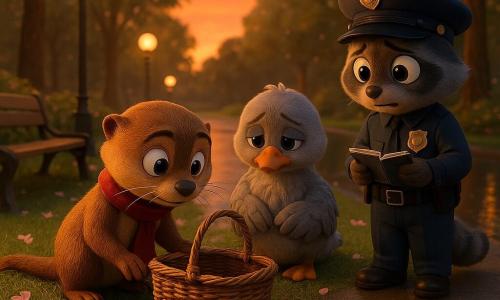 Pip, a small detective otter, kneels center, focused and gentle with twitching whiskers, a red scarf and bright eyes, examining an empty wicker basket on the grass; behind it sits Gilly, a young fluffy grey goose, ashamed and sad with wings folded and head down; Officer Nib, a young raccoon in an oversized uniform, stands beside Pip holding a small notebook, looking worried but relieved; nearby are cinnamon roll crumbs and a trail of white icing leading to a wooden bench with three-toed muddy prints; the park at dusk is calm with a wet paved path, a shiny pond reflecting orange, leafy trees, scattered flower petals and warm-glowing lamp posts, mood tender and reparative, centered composition, warm colors and tactile textures (feathers, fur, wicker, icing).