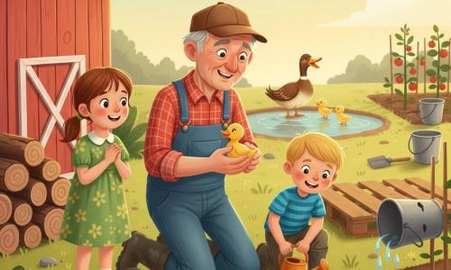 A kind, smiling 60-year-old farmer with gray hair and a brown cap kneels in a sunlit farmyard holding a tiny lemon-yellow duckling; nearby a ~7-year-old girl, Lily, with a ponytail and green floral dress watches in wonder with hands clasped, and a ~5-year-old boy, Max, blond in a blue striped tee, leans in excitedly playing with an orange watering can; a brown-and-white duck calls by a muddy pond with three tiny ducklings following, while a red wooden barn, gravel and grass, a rowed vegetable garden with tomato plants and a leaking bucket slowly dripping onto dark soil (bucket-drip method), scattered pallets and tools complete the warm, softly lit scene rendered in bright saturated colors, soft textures, rounded outlines, and a composition focused on faces and hands.