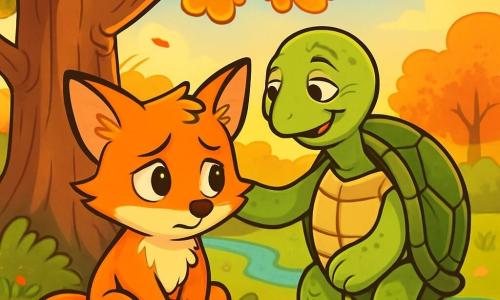 A young fox with bright orange fur, curious big eyes, and a gentle smile sits under a majestic oak tree, looking thoughtful and a bit worried. He gazes at the ground, his small paws crossed, while a light breeze makes his ears dance. Next to him, an old turtle with a green, rough shell, wise eyes, and a comforting smile slowly stands, placing a paw on the fox's shoulder for support. His expression is gentle and encouraging, showing he is there to help his young friend. The setting is a wooded valley bathed in the golden light of the setting sun, where trees with vibrant leaves sway gently. Colorful flowers dot the ground, and a sparkling stream flows nearby, adding a touch of magic to the environment. The main scene depicts the young fox sharing his worries with the old turtle, creating a tender and comforting moment where friendship and support are at the heart of the story.