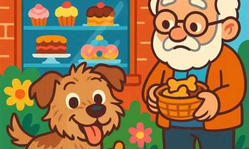 A scruffy terrier dog with floppy ears and sparkling eyes stands in the center of the image, tongue hanging out and a big smile on its joyful face. Next to him is an elderly man, Mr. Jenkins, wearing round glasses and a white beard, looking at the dog with a mix of amusement and exasperation, holding a basket of cookies. The scene takes place in front of a charming bakery with red brick walls and a display filled with colorful pastries. Brightly colored flowers adorn the front of the bakery, adding a cheerful touch to the environment. Max, the dog, has just stolen a cookie from Mr. Jenkins' basket, crumbs falling around him, while the old man watches with an amused smile, ready to scold him but unable to resist his charm.