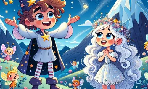 Zorblin es un hombre sonriente con un gran sombrero estrellado que brilla intensamente. Tiene el cabello rizado y ojos llenos de curiosidad, y se encuentra de pie sobre una montaña de cristal, con los brazos abiertos, listo para recibir la aventura. A su lado, la Princesa Lunaluz, una niña de unos 10 años, tiene largos cabellos plateados que flotan como nubes y lleva un vestido brillante adornado con pequeñas estrellas. Ella mira a Zorblin con admiración, con las manos juntas frente a ella, llena de esperanza. Pequeñas criaturas llamadas Brillitos, que parecen hadas con alas de mariposa coloridas, vuelan a su alrededor, iluminando el aire con su brillo. Ríen y bailan, creando una atmósfera alegre y mágica. El escenario es un paisaje de ensueño de Glitternia, donde las montañas de cristal brillan bajo un cielo estrellado y ríos de purpurina serpentean a través de praderas de flores cantantes. La situación principal muestra a Zorblin y la Princesa Lunaluz preparándose para enfrentar al gran dragón de nubes que amenaza su aventura, rodeados de destellos de luz y magia que simbolizan la esperanza y la camaradería.