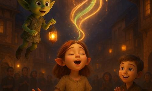 El personaje principal es un elfo, Lial: pequeño y vivaz, aspecto maravillado, piel algo verdosa, orejas puntiagudas, cabello verde musgoso, túnica tejida de líquenes, ojos brillantes como perlas, flota a pocos centímetros del suelo sosteniendo una diminuta linterna de cristal que atrapa filamentos de luz; personaje secundario: Ariadna, niña de unos 11 años, cabello castaño claro, ojos color miel, manos polvorientas, vestido beige sencillo con manchas de tierra, canta en el centro de la plaza y de su boca salen cintas luminosas y coloridas que giran; personaje secundario: su hermano, niño de unos 9 años, cabello corto, sonríe y aplaude sentado en un banco de madera junto a ella dejando espacio para la luz; lugar: plaza del pueblo al crepúsculo ante el acantilado de la cantera, empedrado irregular, fachadas de piedra y madera, farolillos colgantes y grietas brillantes en la cantera que centellean como un tapiz de mica; situación: Ariadna canta y su voz se convierte en bandas de luz que ascienden, Lial recoge una con su linterna mientras los aldeanos miran maravillados; ambiente suave, cálido y mágico, tonos anaranjados y verdes luminosos, iluminación tenue en claroscuro.