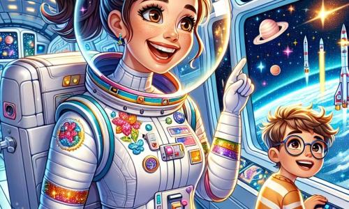 Un'astronauta di nome Luna fluttua felicemente in una stazione spaziale, con un grande sorriso sul volto. Indossa una tuta spaziale bianca decorata con colori vivaci e un casco trasparente che mostra i suoi capelli castani raccolti in una coda di cavallo. Luna è circondata da stelle scintillanti e pianeti colorati visibili attraverso i finestrini. Vicino a lei, un ragazzo di 8 anni con occhiali e capelli biondi spettinati guarda meravigliato da un finestrino, tenendo in mano un piccolo modello di razzo e sembrando affascinato dalla vista della Terra sottostante. La stazione spaziale è moderna, con pannelli solari brillanti e luci lampeggianti. Strumenti scientifici sono sparsi attorno e immagini di galassie sono proiettate sulle pareti. Luna spiega con entusiasmo ai bambini come esplora lo spazio, mostrando le stelle e condividendo il suo sogno di avventura, mentre i bambini, catturati, immaginano già i loro viaggi interstellari.
