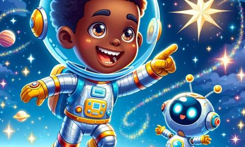 Un astronauta di nome Luca fluttua felicemente nello spazio, indossando una tuta spaziale brillante dai colori vivaci, con un grande sorriso sul volto. I suoi capelli castani sono leggermente visibili sotto il casco e i suoi occhi brillano di eccitazione mentre indica una stella scintillante. Accanto a lui, un piccolo robot amichevole, dalla forma rotonda e con occhi luminosi, sembra danzare in assenza di gravità. Il robot, dall'aspetto di un giocattolo futuristico, è colorato di blu e giallo e fa gesti gioiosi, come se invitasse Luca a giocare. Lo sfondo è un vasto cielo stellato, pieno di pianeti colorati e nuvole luminose. Stelle brillanti scintillano attorno a loro e una grande luna argentata si staglia sullo sfondo, creando un'atmosfera magica. La scena principale mostra Luca e il suo robot che giocano insieme nello spazio, ridendo e divertendosi, circondati dall'immensità dell'universo, simboleggiando amicizia e avventura in un mondo fantastico.